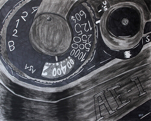 Abstract illustration of the shutter speed dial, shutter release, and film winder on a Canon AE-1 camera.