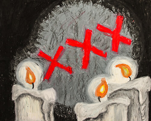 Oil pastel illustration of a tomb in New Orleans' St. Louis No. 1 cemetary.