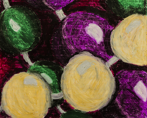 Oil pastel illustration of Mardi Gras beads included in an art journal.