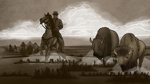 Illustration of a buffalo hunt on the Great Plains, circa 1870.