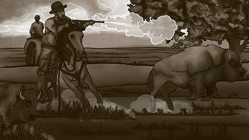 Illustration of a buffalo hunt on the Great Plains, circa 1870.