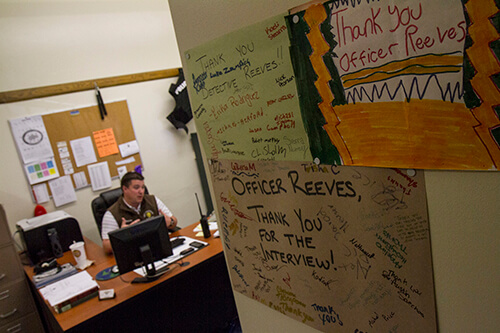 &ldquo;Thank You&rdquo; notes from students decorate the office of Great Falls Police Detective and School Resource Officer Cory Reeves at Great Falls High.