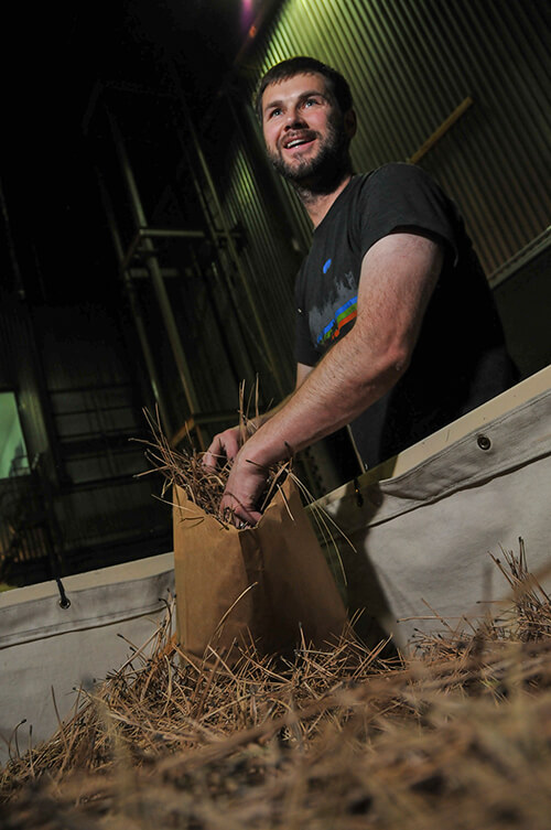 Smokejumper Ryan Williams prepares pine needles for a burn test.