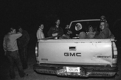 Post-competition, a truck bed full of woodsmen (and women).